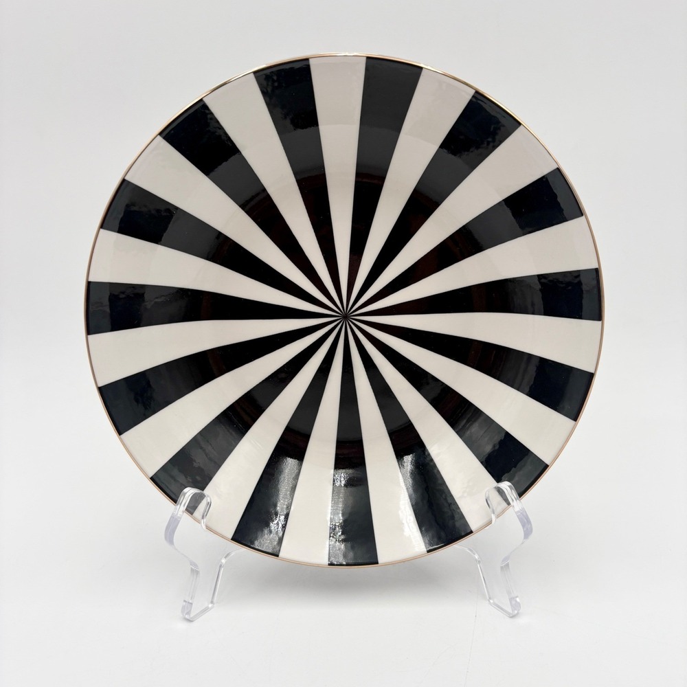Christian Siriano New York Porcelain Bowl Black White Stripe Gold Trim Decor